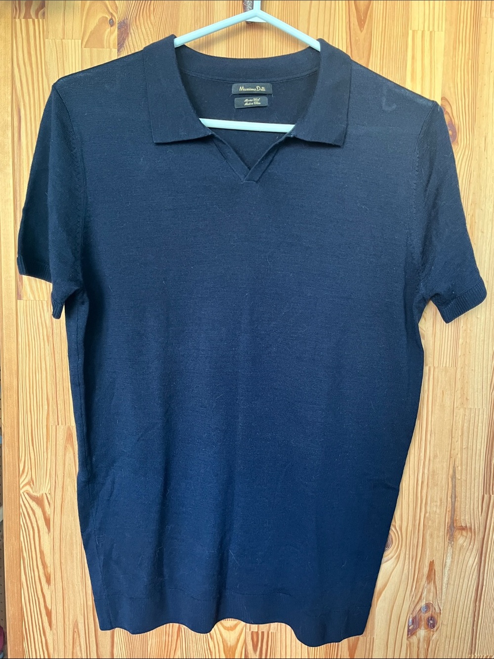 Massimo Dutti Men's Navy Short-Sleeve Merino Wool Polo (size S)